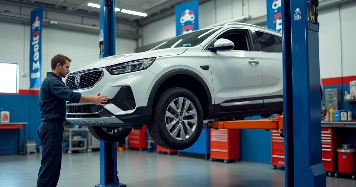 Técnico realizando troca de óleo de câmbio automático com carro elevado na oficina