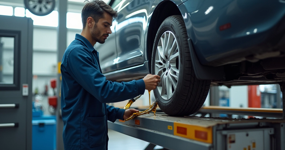 Técnico trocando óleo do motor em oficina moderna