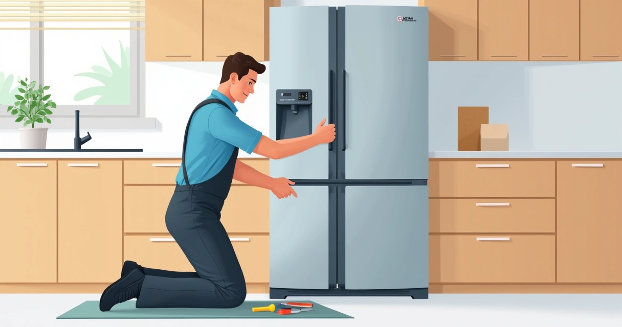 Técnico instalando borracha nova em geladeira 