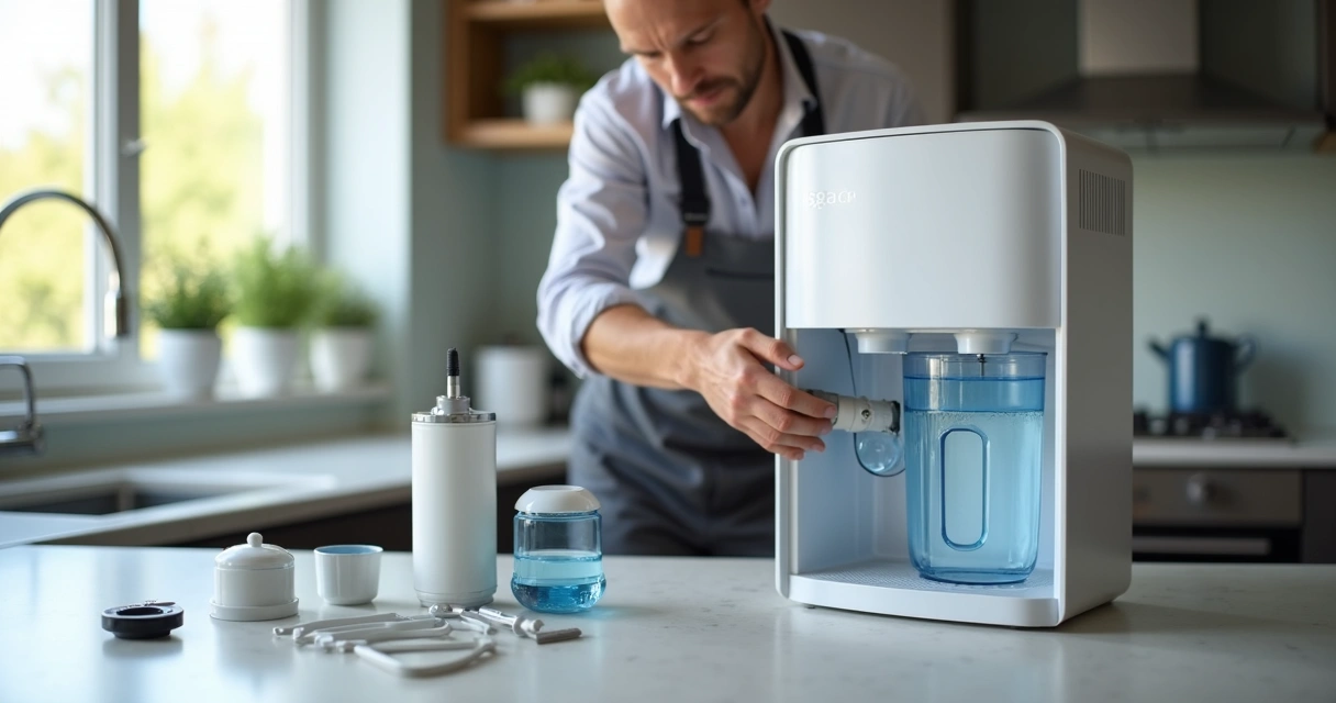 Técnico faz manutenção em purificador de água comum em cozinha 