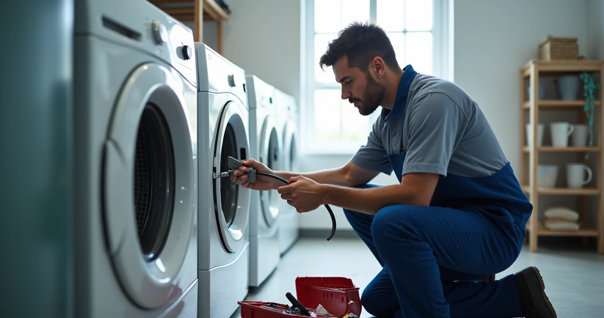 Técnico instalando mangueira nova em máquina de lavar 