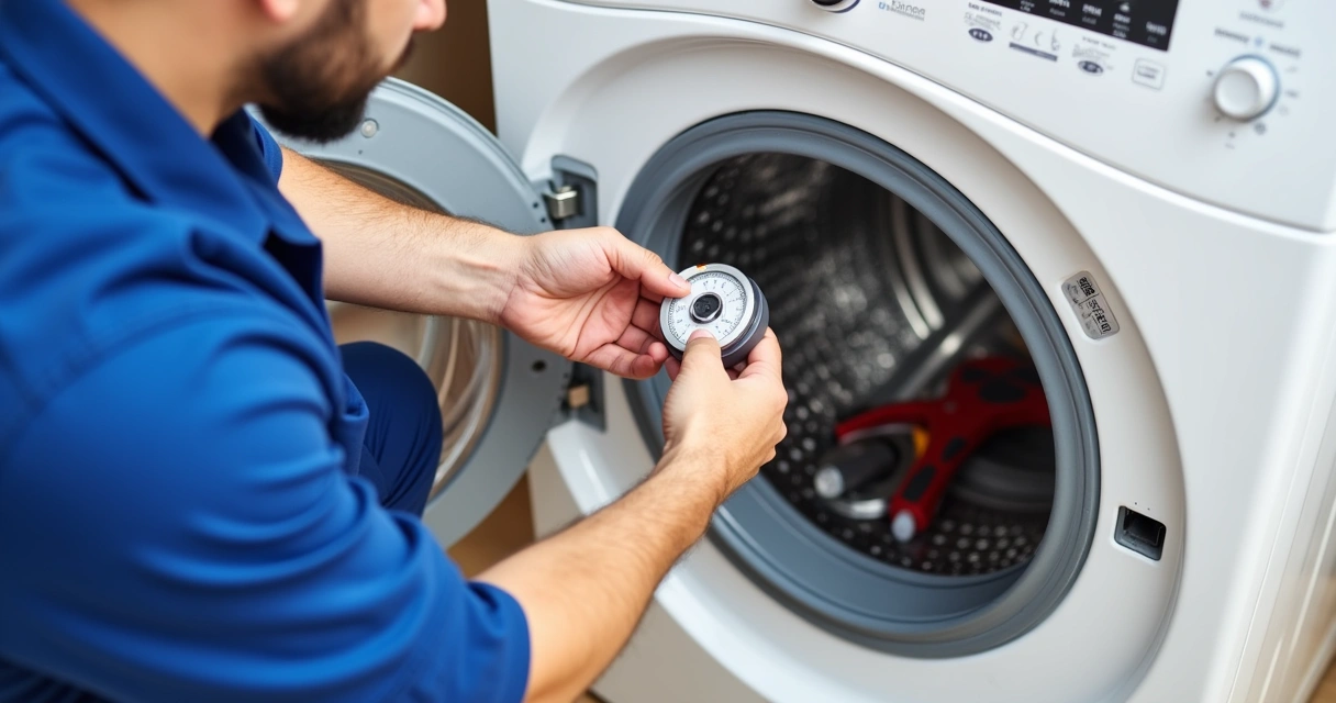 Técnico trocando o timer de uma lavadora 