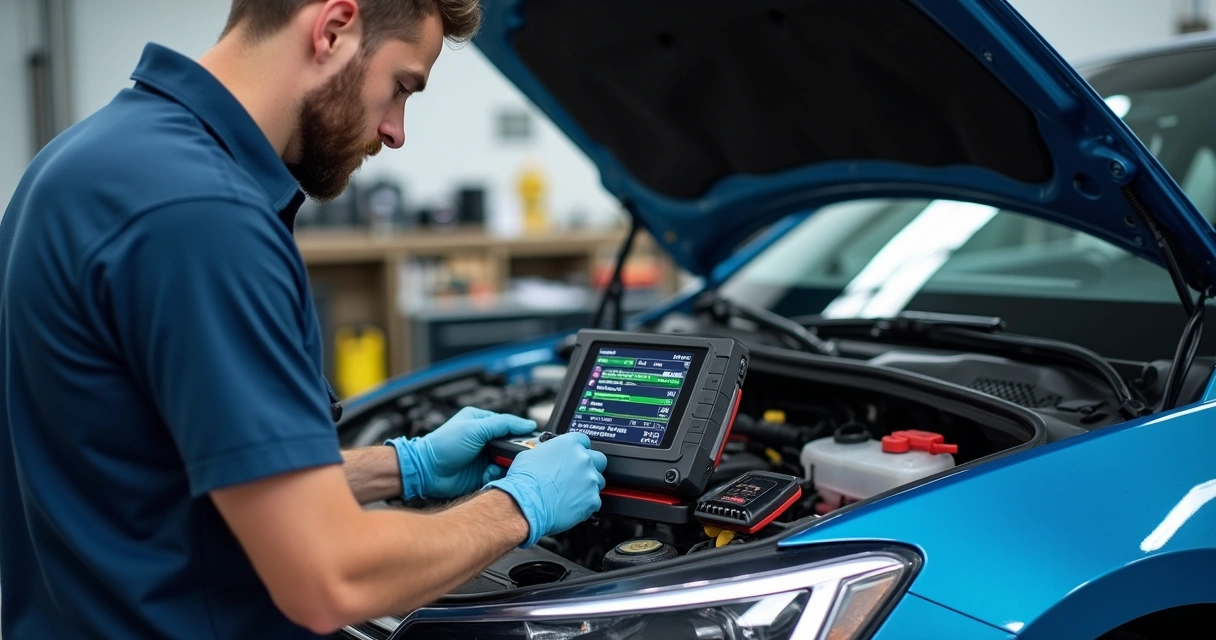 Técnico usando scanner automotivo em carro moderno 