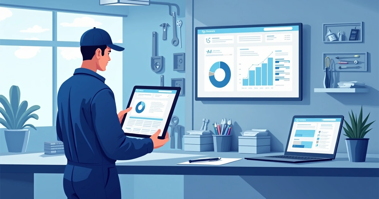 Técnico usando software de gestão em oficina técnica. 