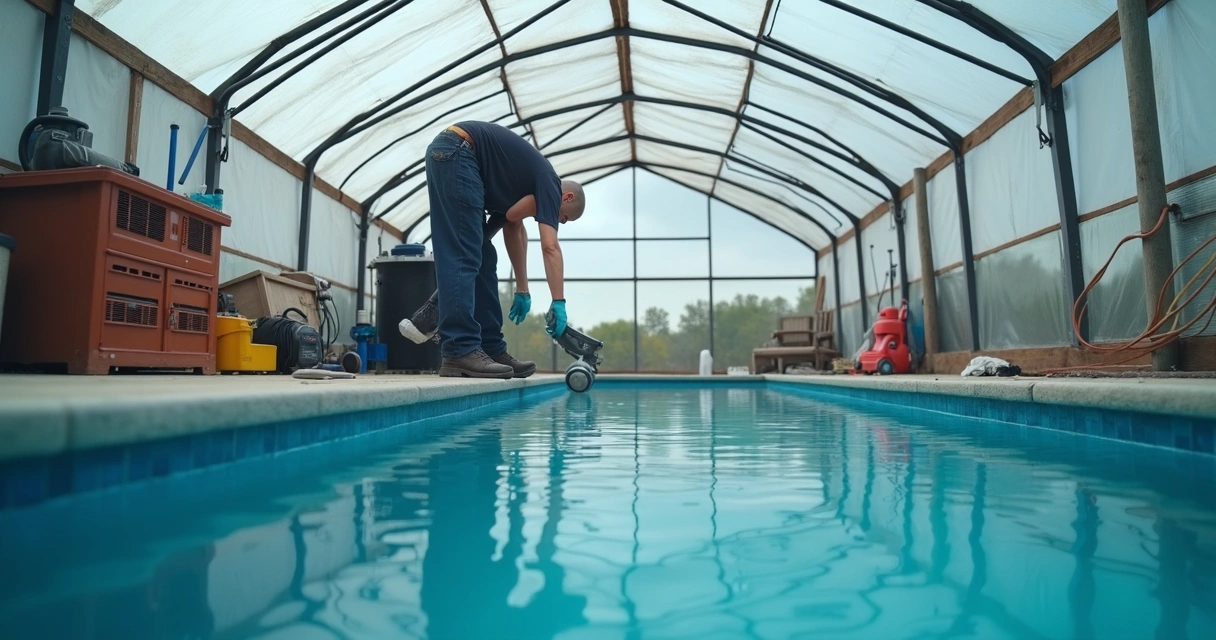 Técnico de manutenção inspecionando equipamento de aquecimento de piscina 