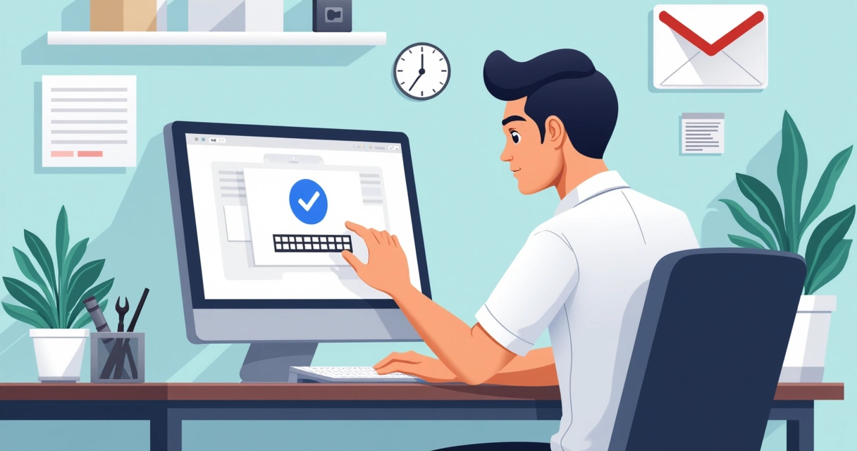 Técnico digitando código de verificação em computador em ambiente de assistência técnica.