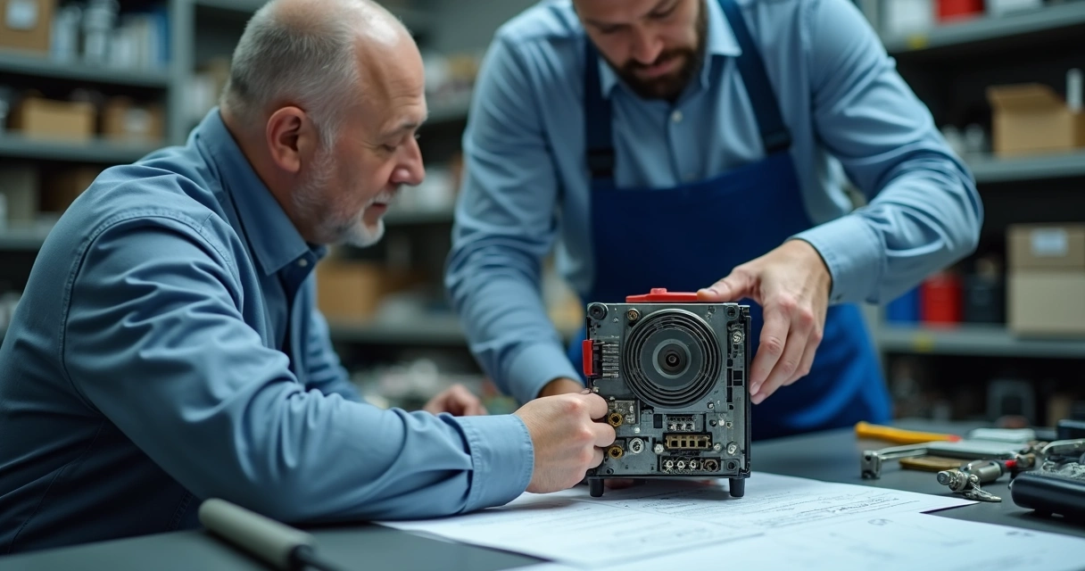 Técnico verificando compatibilidade de peça com manual 