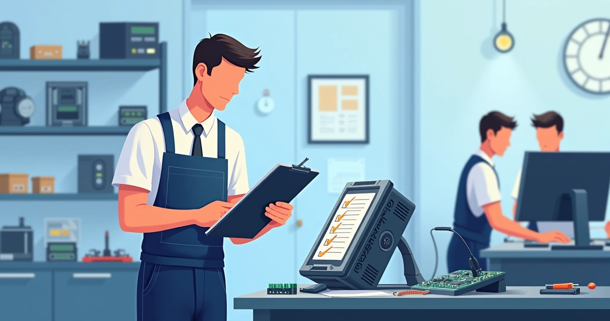 Técnico marcando itens em checklist enquanto verifica equipamento eletrônico 