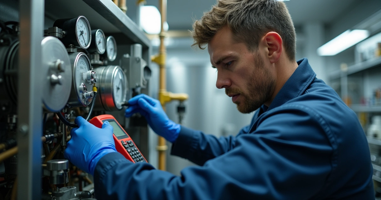 Técnico conferindo compressor de refrigeração em cozinha industrial 