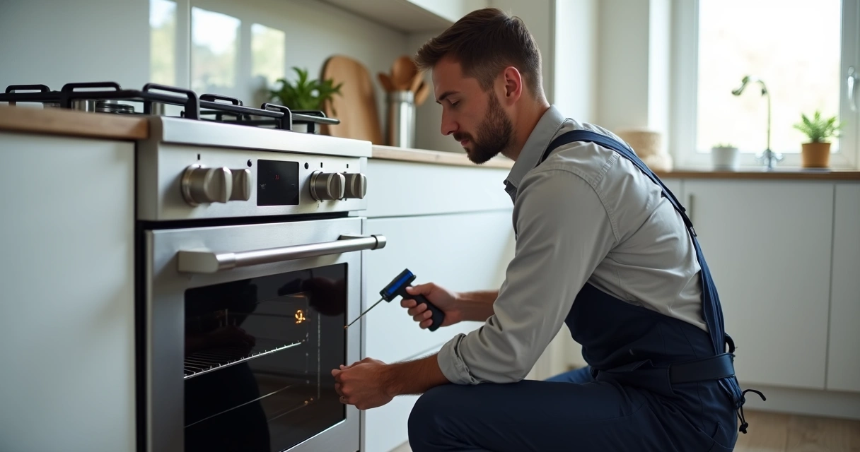 Técnico verificando forno a gás que não acende na cozinha 