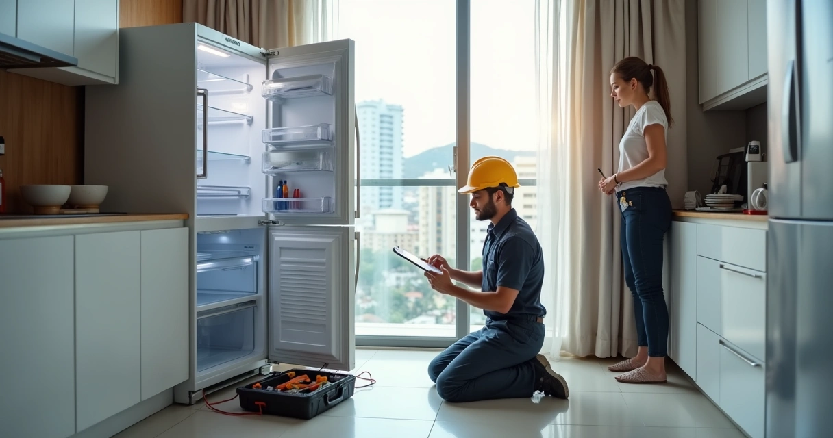 Técnico analisando geladeira aberta em apartamento no Rio de Janeiro 