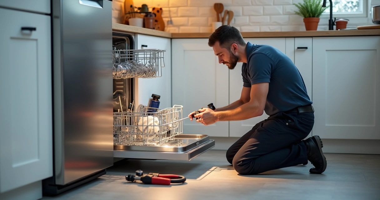 Técnico verificando mangueira de lava-louças na cozinha 