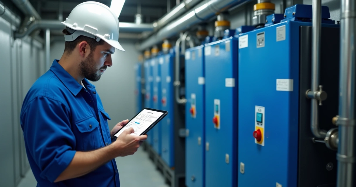 Técnico realizando manutenção em sistema hidráulico de edifício 