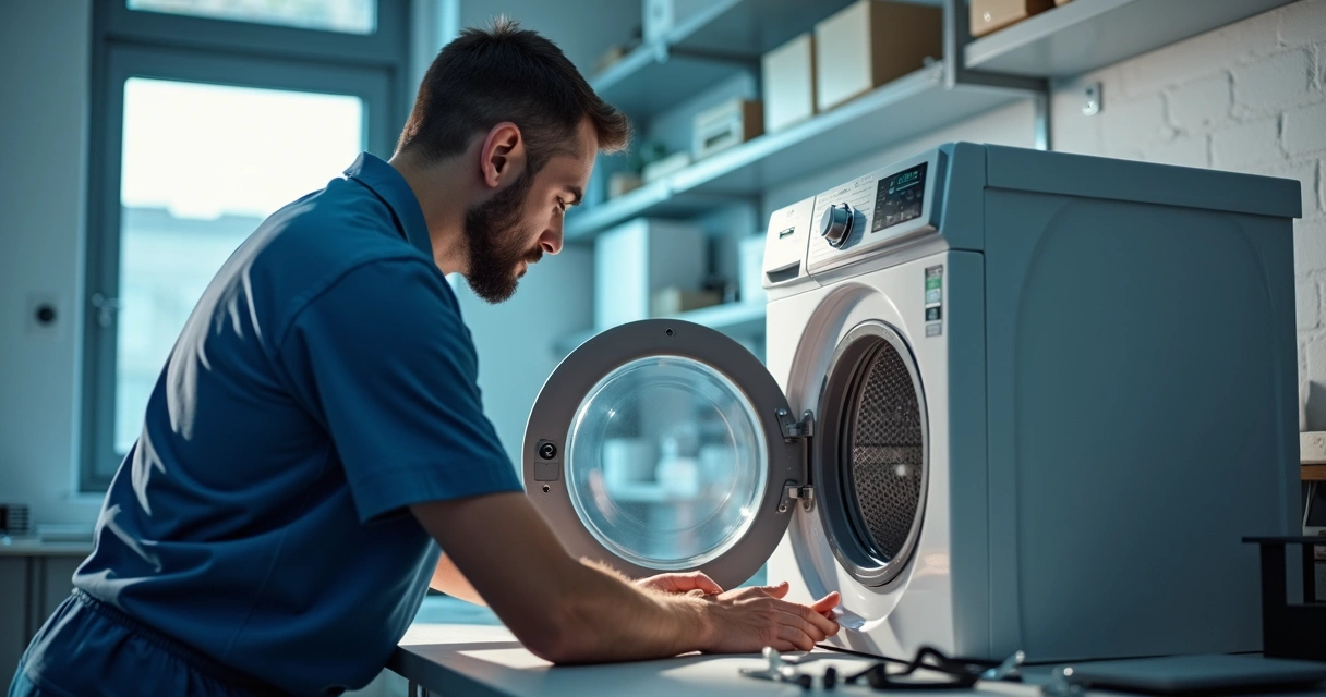 Técnico analisa máquina de lavar aberta em bancada 