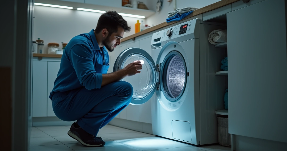 Técnico examinando interior de máquina de lavar aberta 