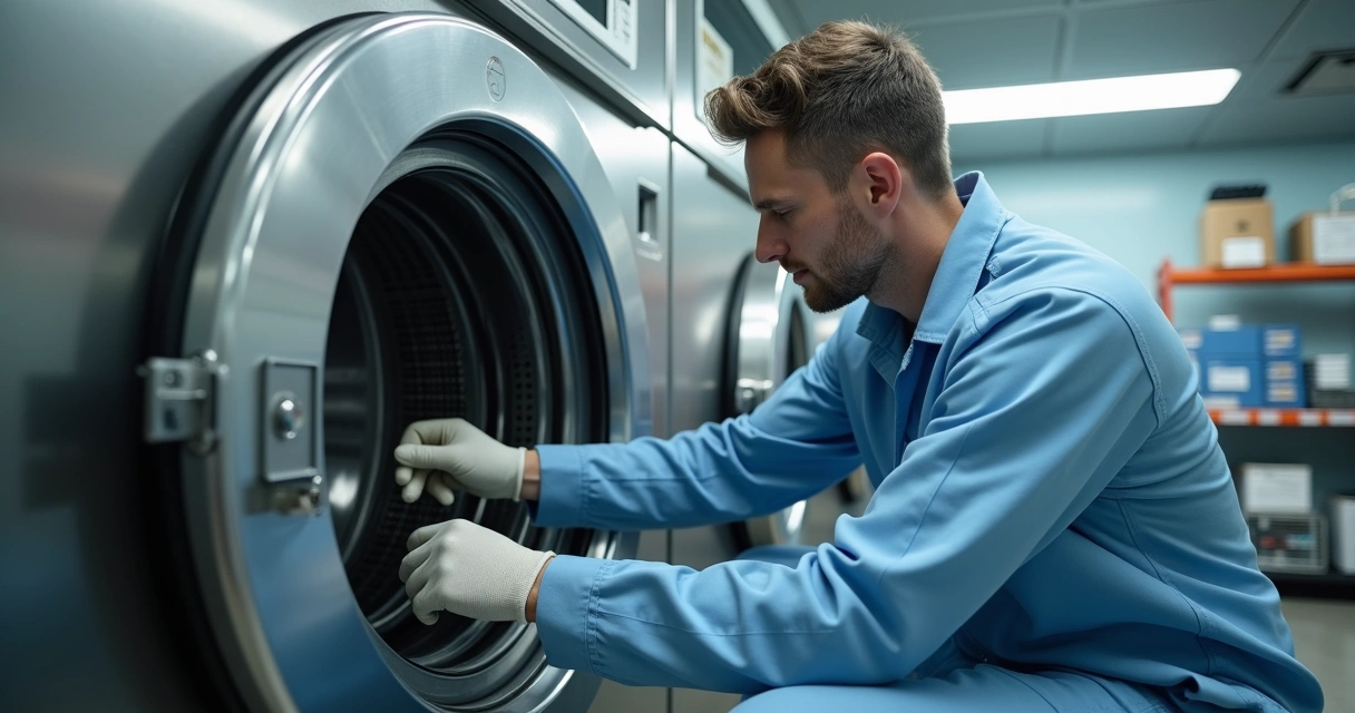 Técnico faz inspeção detalhada em máquina de lavar industrial 
