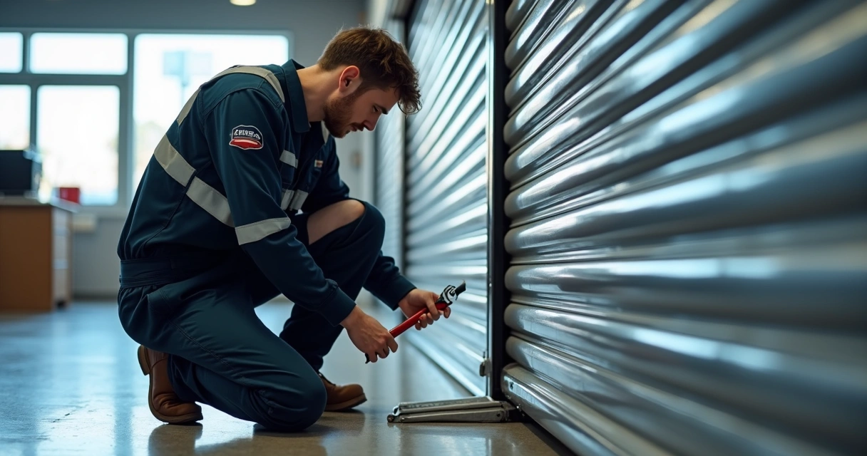 Técnico inspecionando uma porta de enrolar com ferramentas na mão