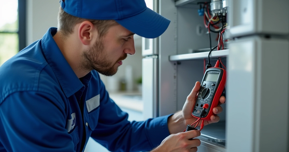 Técnico examinando o compressor de uma geladeira com ferramentas e equipamentos de medição 