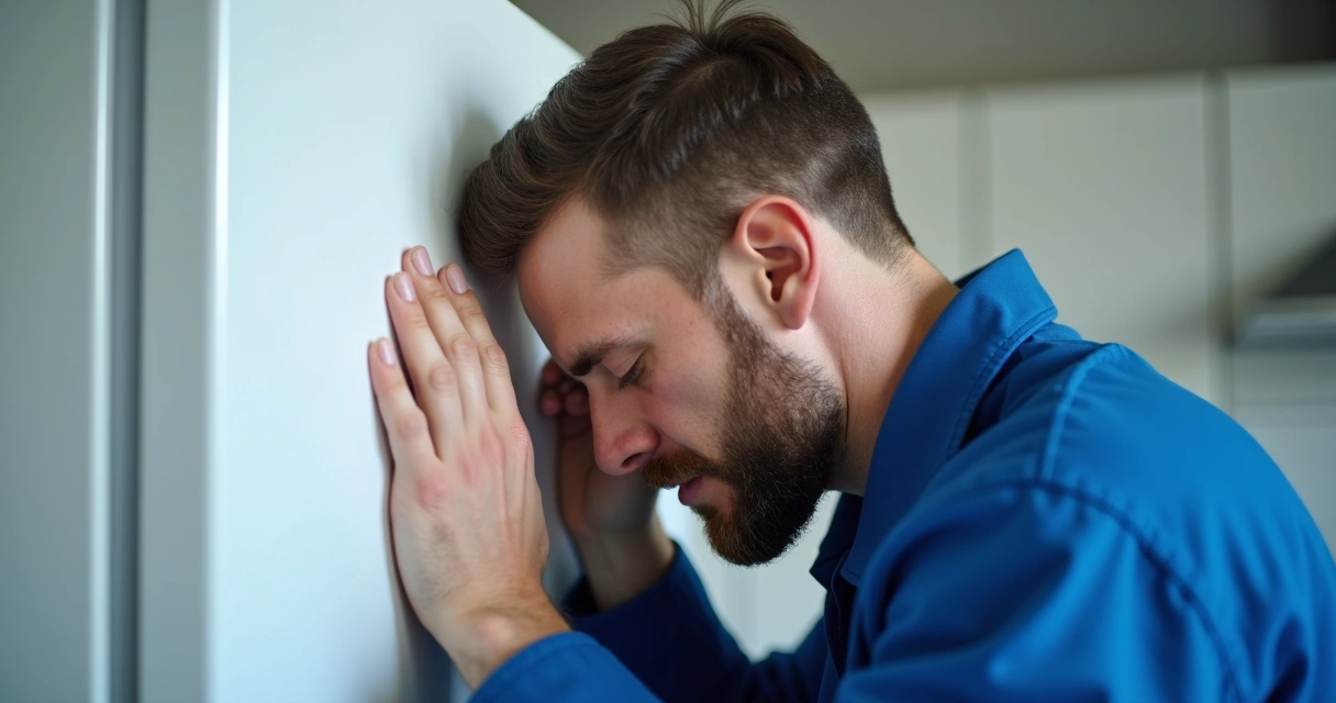 Técnico encostando ouvido na geladeira para ouvir sons 