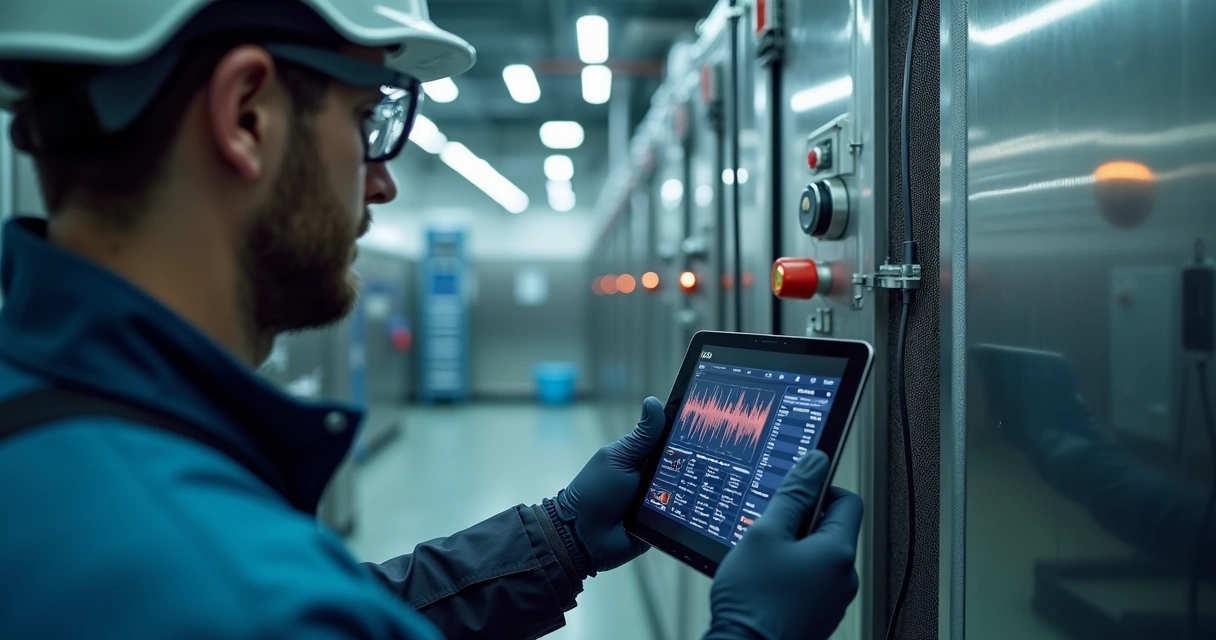 Técnico verificando sensor industrial em equipamento 