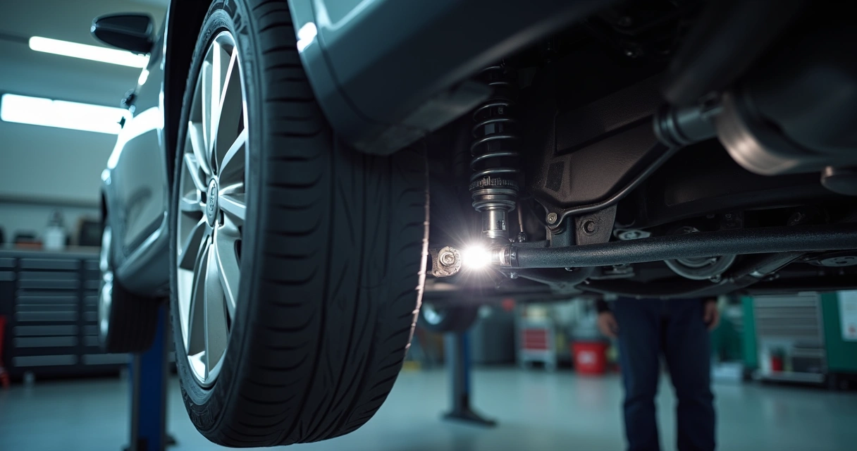 Técnico examinando suspensão de carro com lanterna e ferramentas 