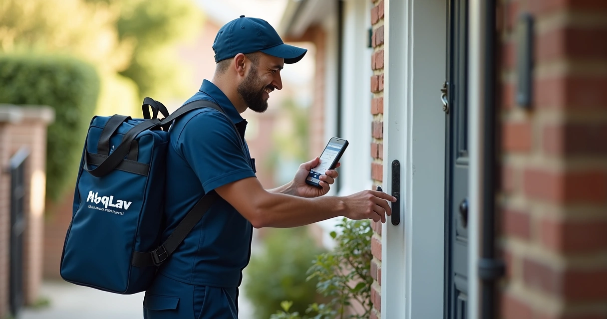 Técnico uniformizado chegando à casa de um cliente 