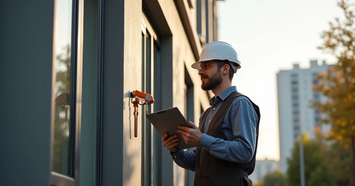Técnico realizando vistoria em imóvel urbano para perícia 