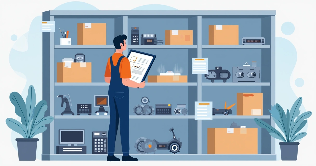 Técnico conferindo peças em prateleiras de estoque com prancheta