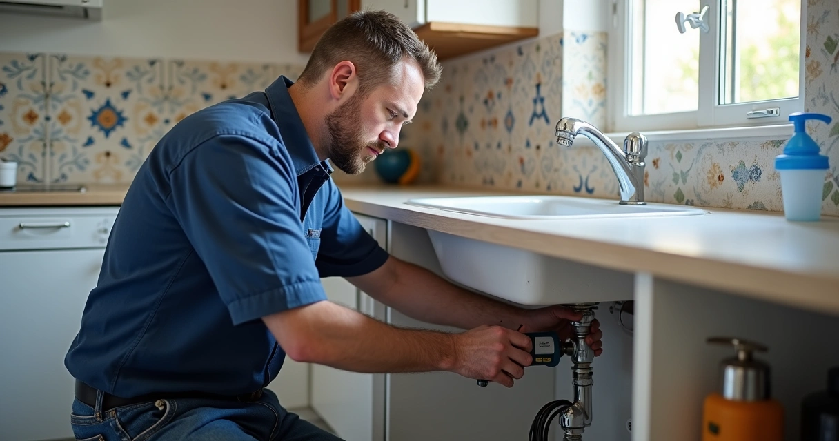 Técnico da empresa ZeDesentop inspeciona canos com equipamento moderno em casa algarvia 