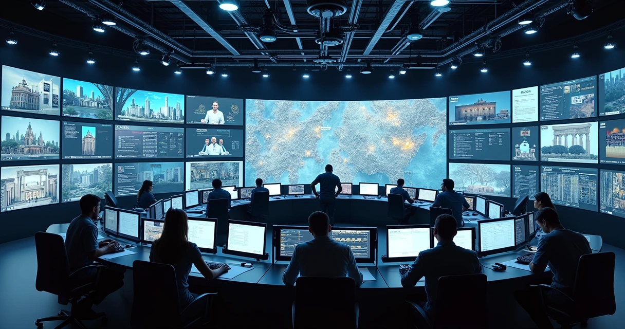 Técnicos controlando transmissão de afiliadas e subcanais em central de TV 