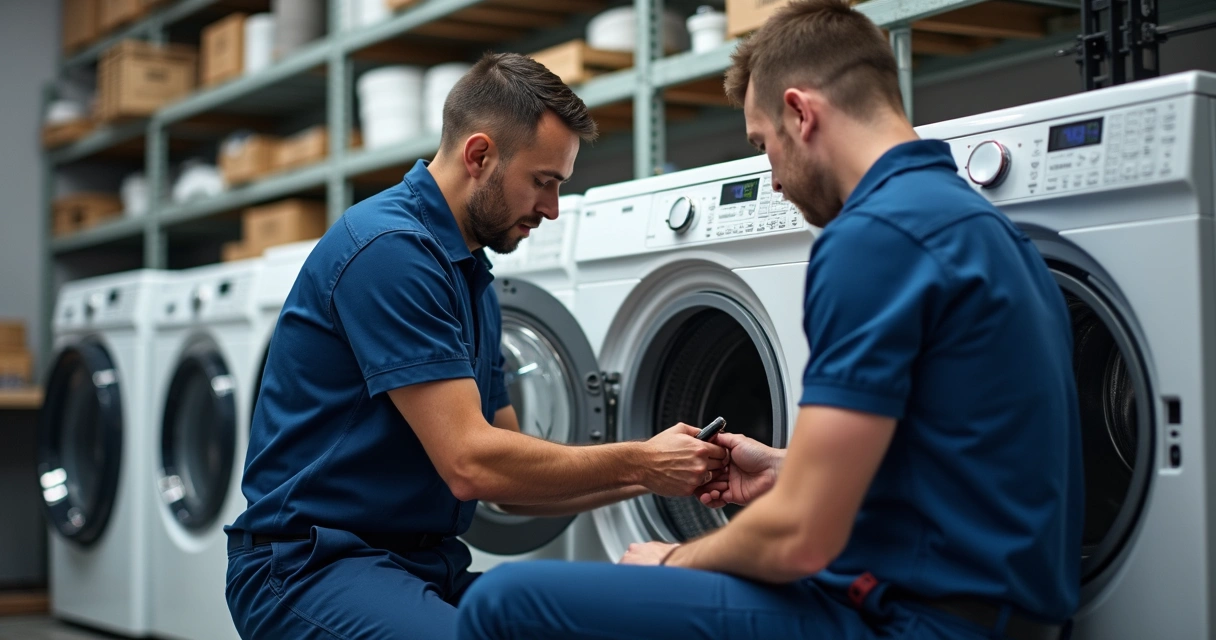 Técnicos trabalhando na manutenção de uma máquina de lavar roupa aberta 