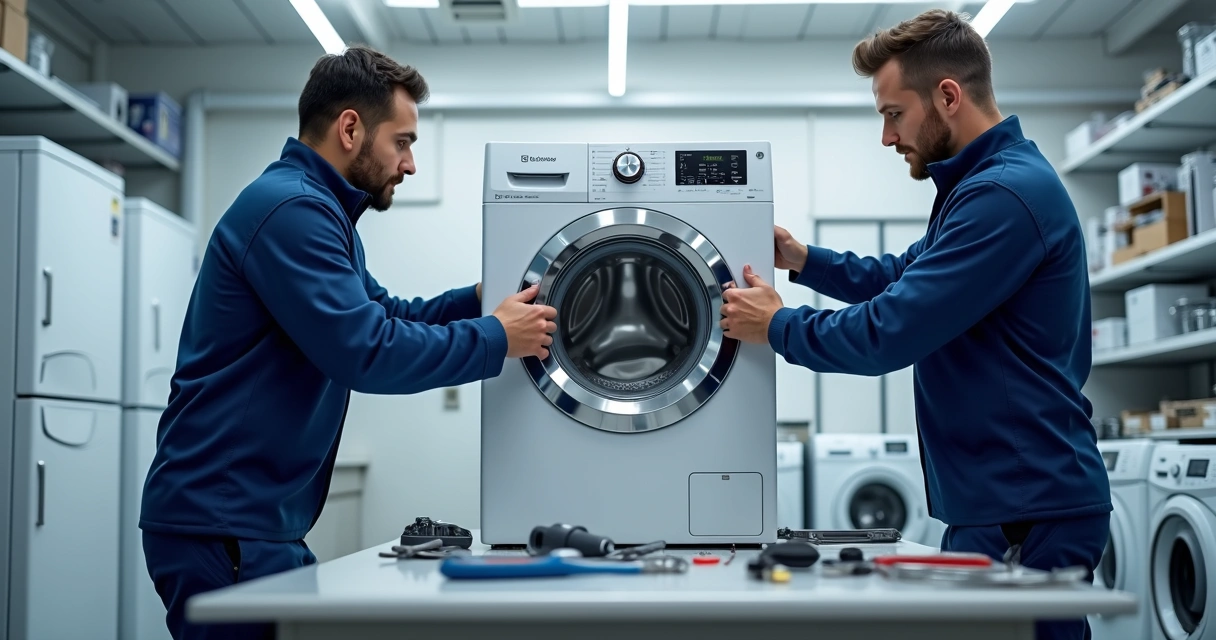 Técnicos consertando lavadora Electrolux em bancada 