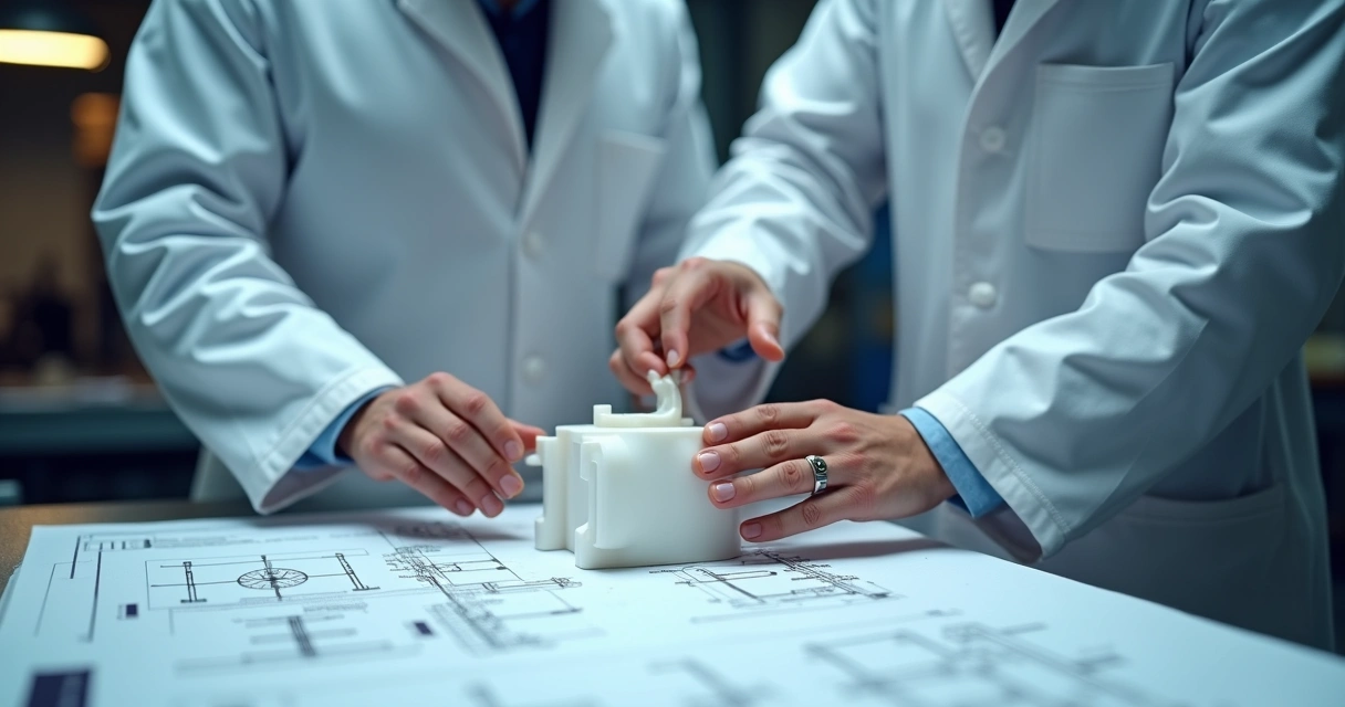 Dois técnicos analisando peça branca de PTFE 
