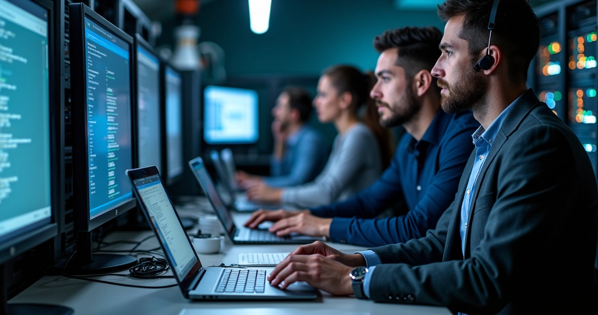 Técnicos de TI configurando servidores e laptops para migração Microsoft 365 