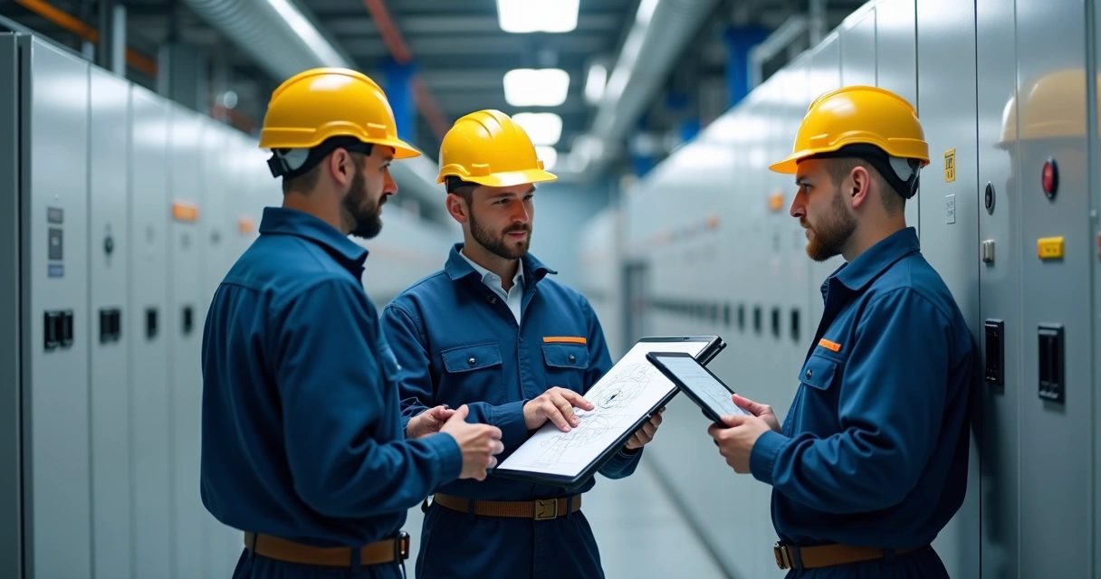 Equipe de técnicos eletricistas qualificados em sala de manutenção 