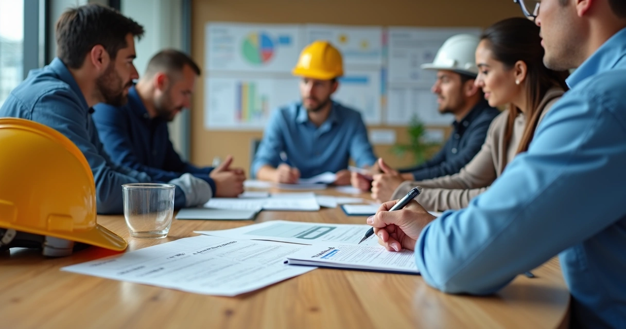 Técnicos e engenheiros de segurança do trabalho em reunião com equipamentos de proteção individual e documentos de normas regulamentadoras 