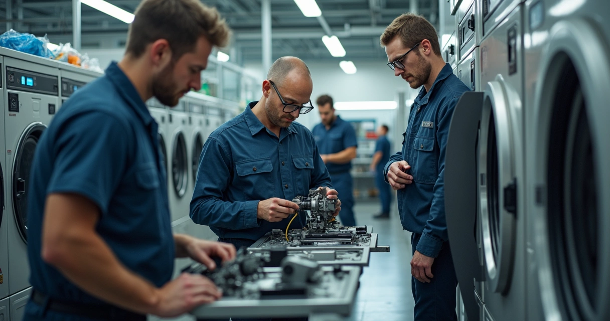 Técnicos experientes realizando manutenção em equipamentos de lavanderia 