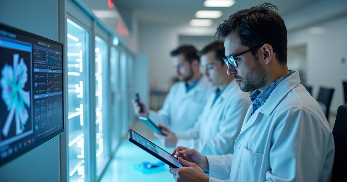 Technicians analyzing digital reports in laboratory with refrigeration equipment