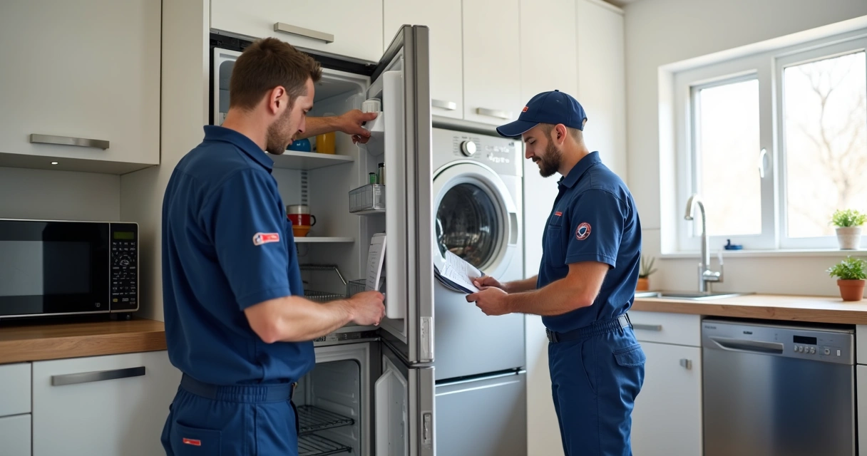 Técnicos realizando manutenção em vários eletrodomésticos em uma cozinha residencial 