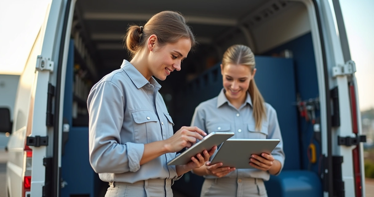 Dois técnicos preenchem checklist digital em tablet durante atendimento externo 