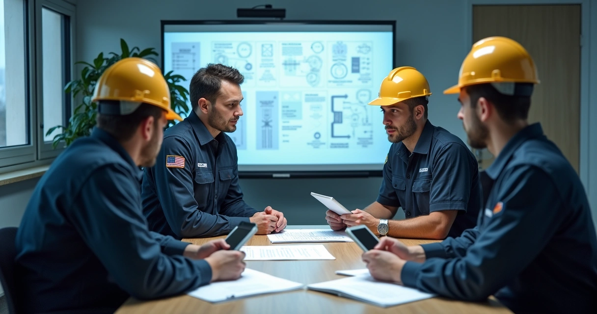 Equipe de manutenção analisando relatório de causa raiz em sala de reunião, quadro branco com diagramas ao fundo 