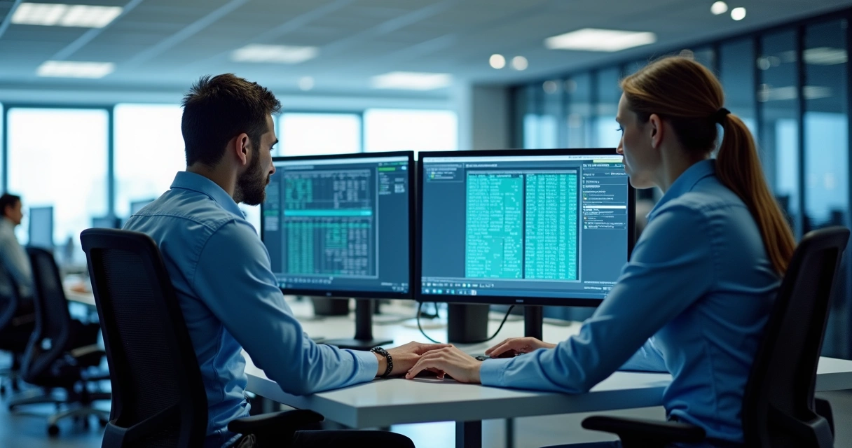 Profissionais de TI atuando em computadores num ambiente corporativo 