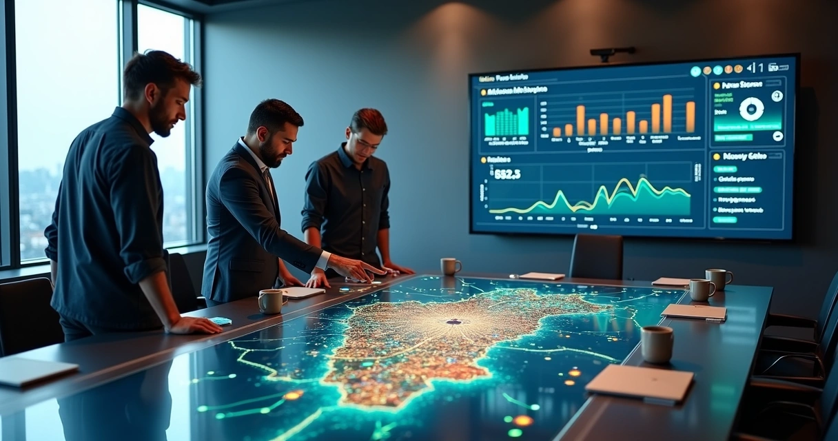 Equipe de suporte de TI analisando painel com mapa de São Paulo em sala de reunião moderna 