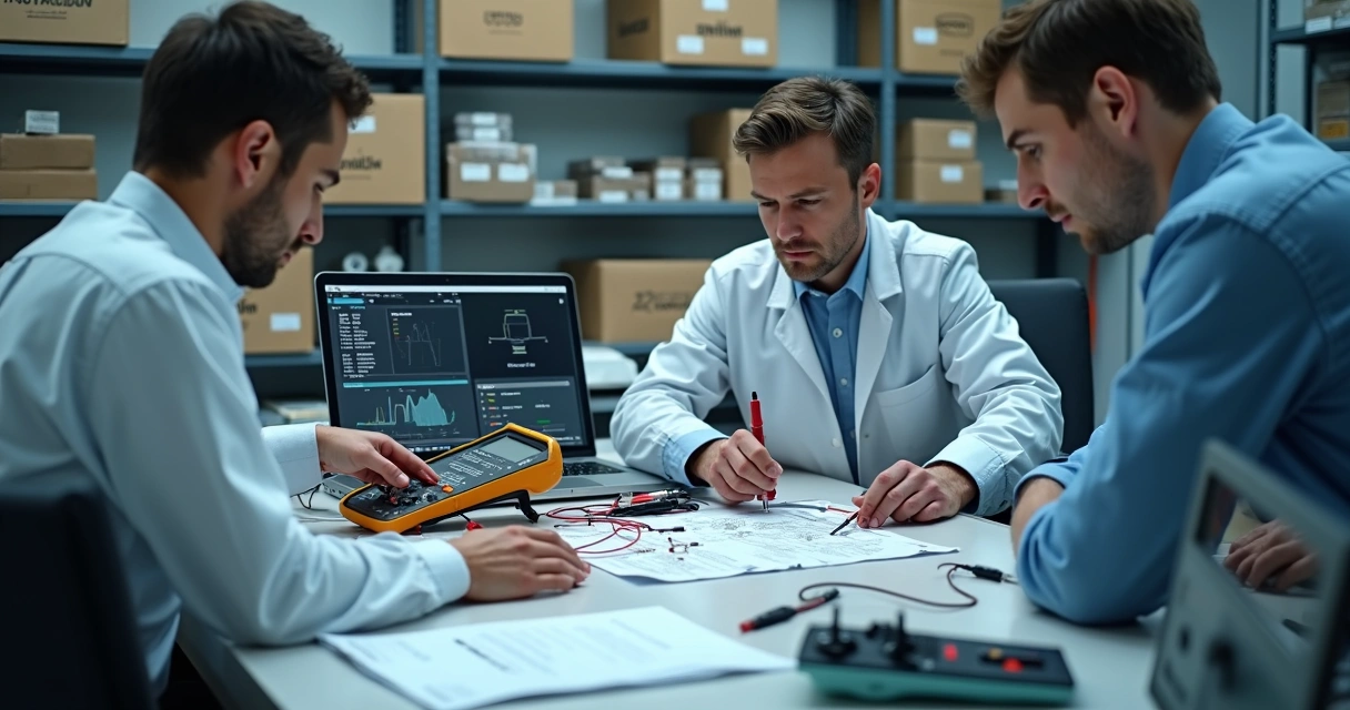 Técnicos realizando testes de compatibilidade entre equipamentos eletrônicos de diferentes marcas em bancada 