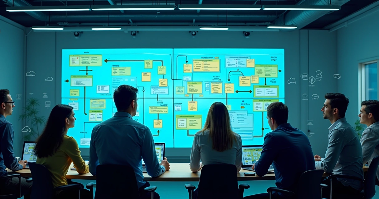 Técnicos de TI reunidos com painéis e fluxogramas para mapear processos