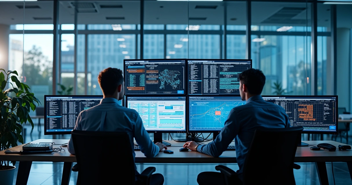 Equipe de técnicos de TI monitorando computadores 