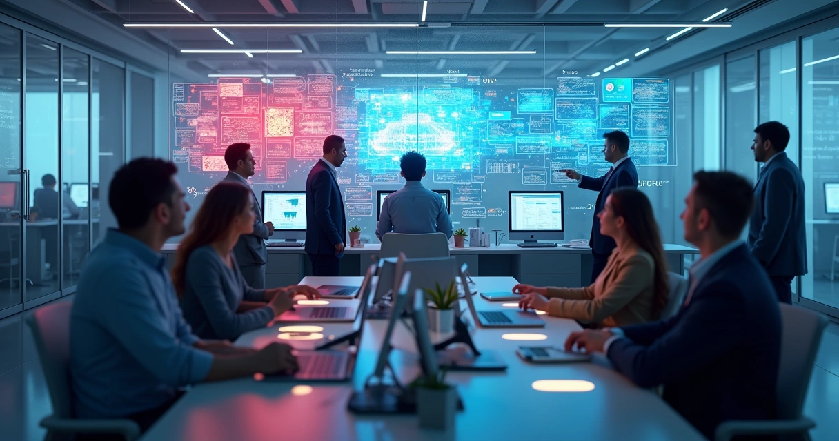 Equipe de TI treinando com sistema inteligente em ambiente moderno 