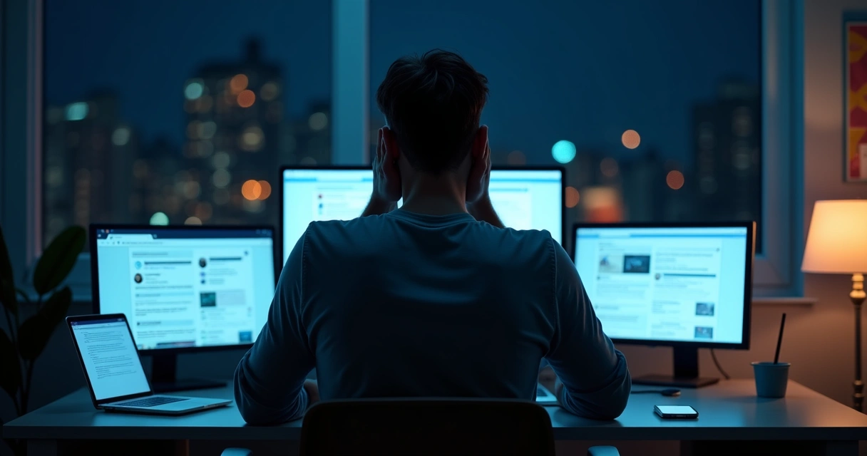 Pessoa exausta ao computador à noite cercada por telas digitais e notificações 