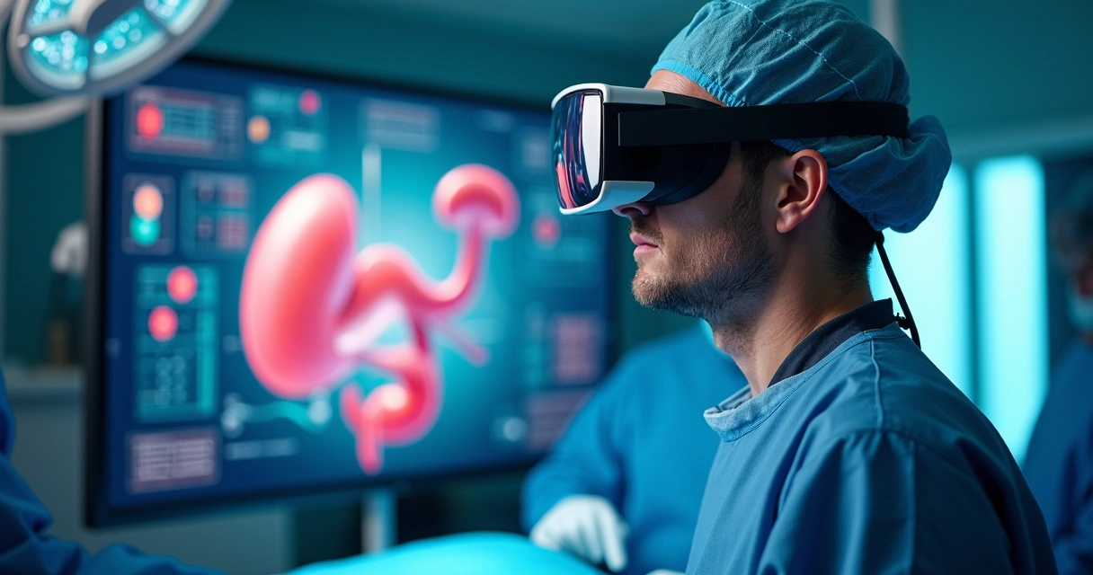 Cirurgião utilizando óculos de realidade aumentada para visualizar cirurgia em 3D 