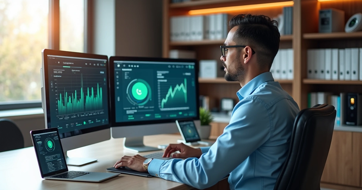 Advogado usando computador para atendimento jurídico online com gráficos digitais na tela 